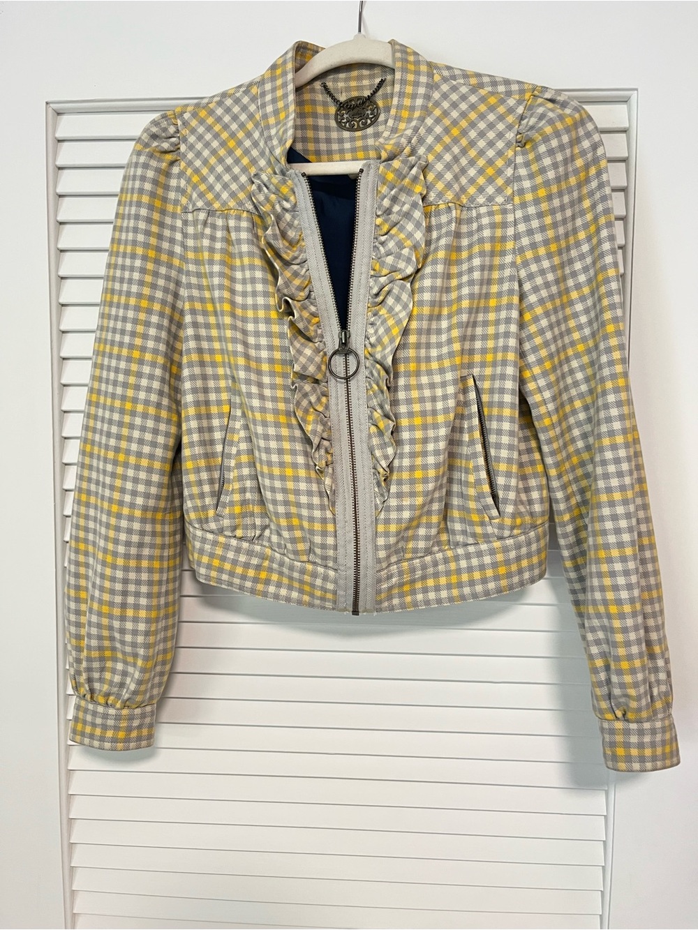 Anthropologie Women’s Yellow & Gray Plaid Ruffle Zip Jacket 2